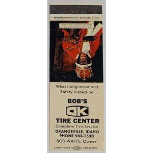 Vtg Matchbook Cover Bob’s OK Tire Center Grangeville Idaho ID King Monkey Chimp